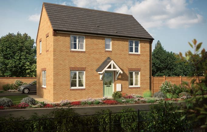 A large, two-storey home with lots of windows and a light green door way surrounded by blooming flower-beds